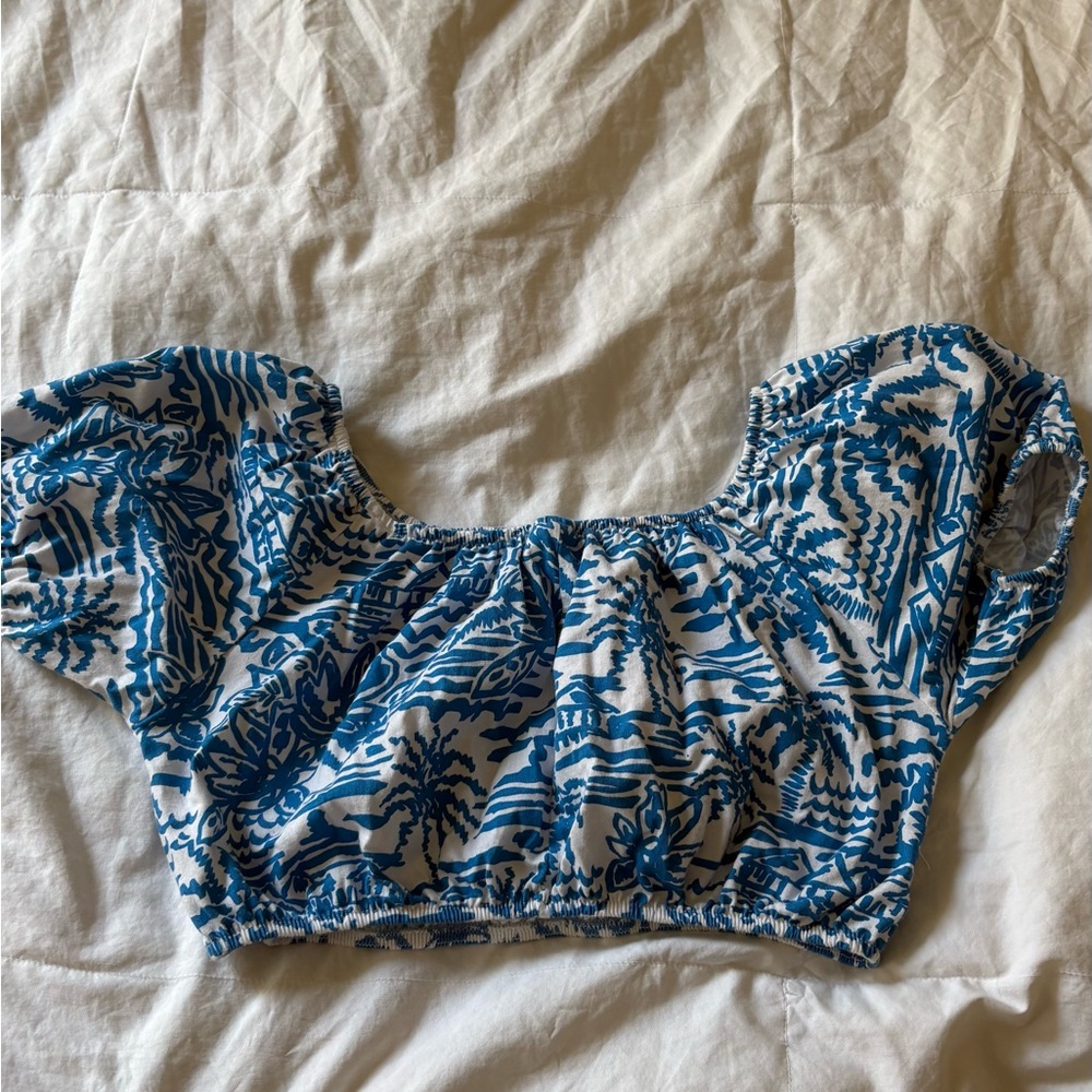 Zara Blue and White Patterned Crop Top! Can be worn off the shoulders or normal